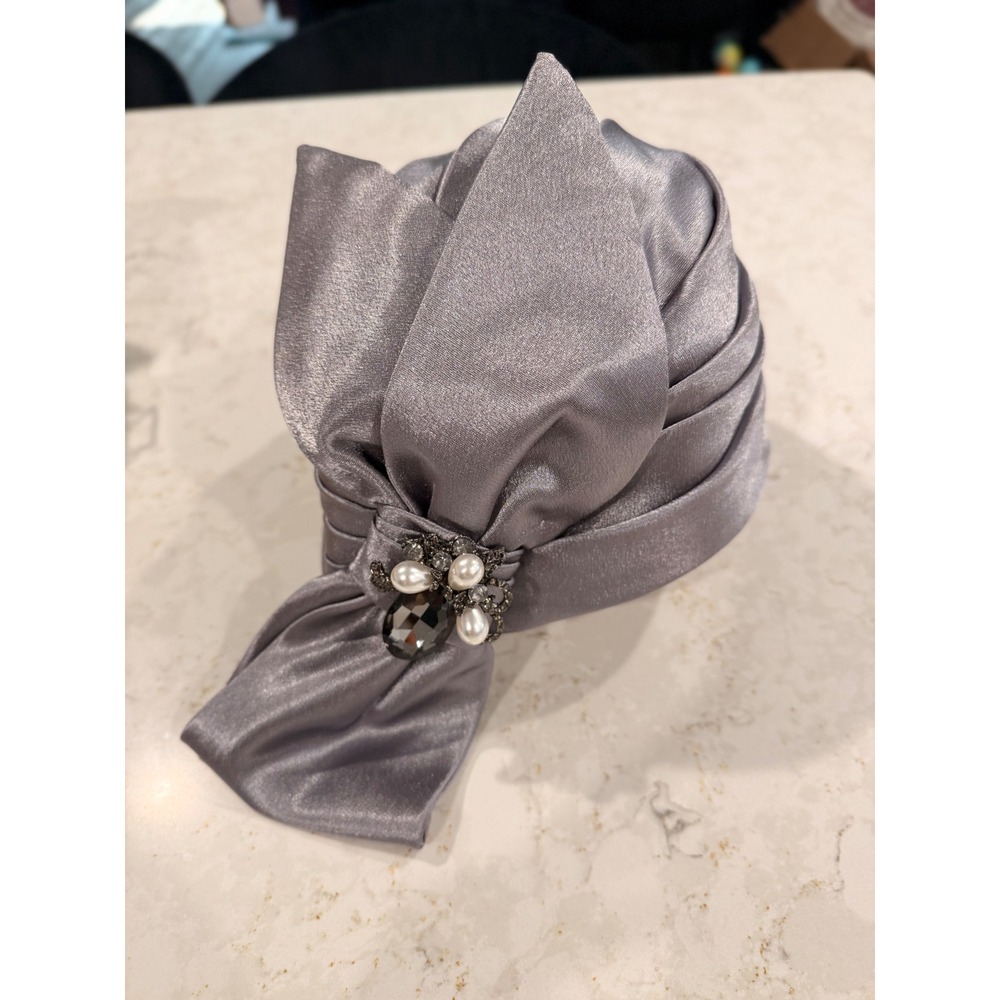 Vintage Silver Satin Pleated Turban Hat Rhinestone Pearl Brooch Elegant Glamour